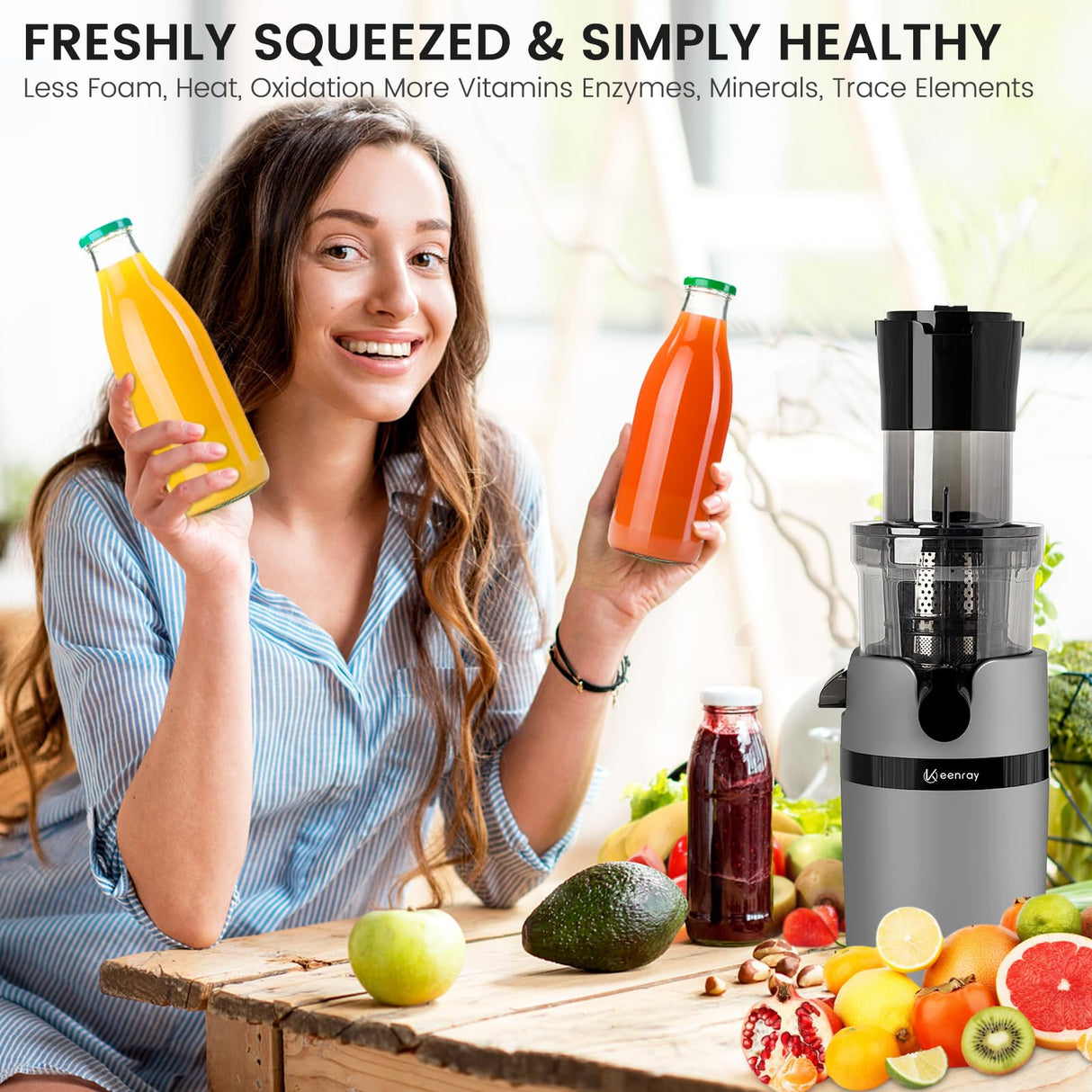 Juicer Machine for Whole Fruits and Vegetables, Cold Press Slow Juicer with Wide Mouth 80mm Feeding Chute, Reverse Function Quiet Motor Fresh Healthy Juice Extractor, EL18, Grey