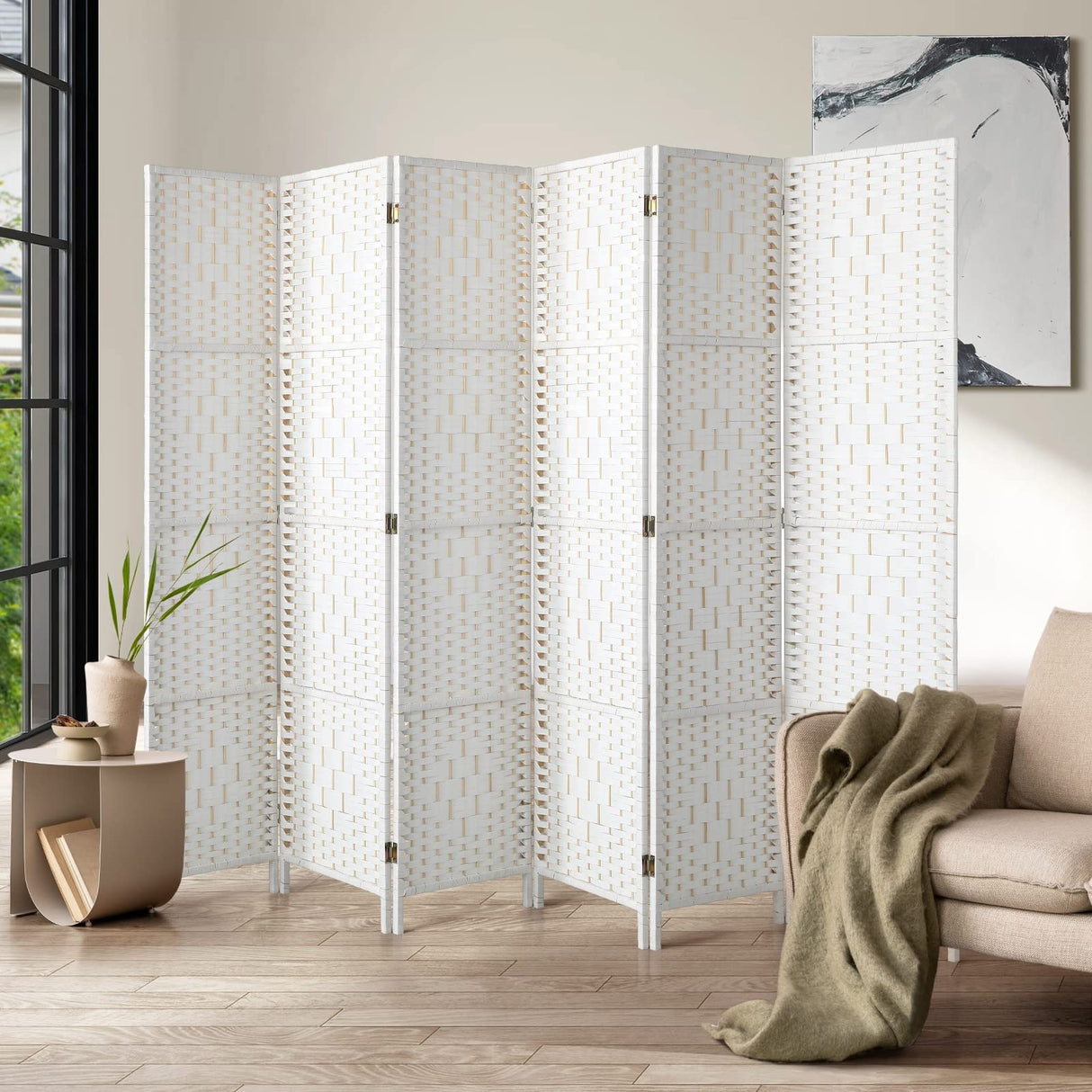 6 Panels Room Divider,Foldable Wooden Privacy Screen Dividers Partition Wall Screens for Home Pet Child Balcony Bedroom Bathroom, Portable Rattan Partition Separator Water-Resistant,White