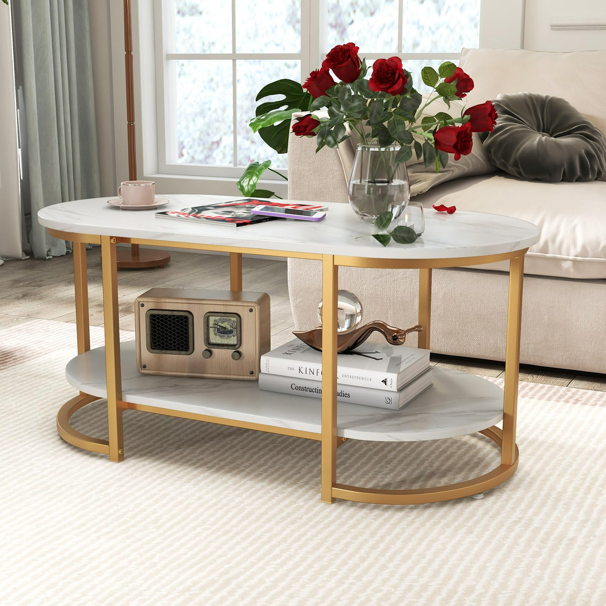 Faux Marble Coffee Table, Modern 2-Tier Center Table with Open Shelf, Oval Cocktail Table with Gold Finished Metal Frame for Living Room Bedroom, White