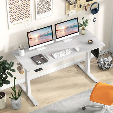 Electric Standing Desk, 140 x 60 cm Sit Stand Home Office Desk with 3 Memory Height Settings, Height Adjustable Computer Desk with 2 Hanging Hooks & Cable Management