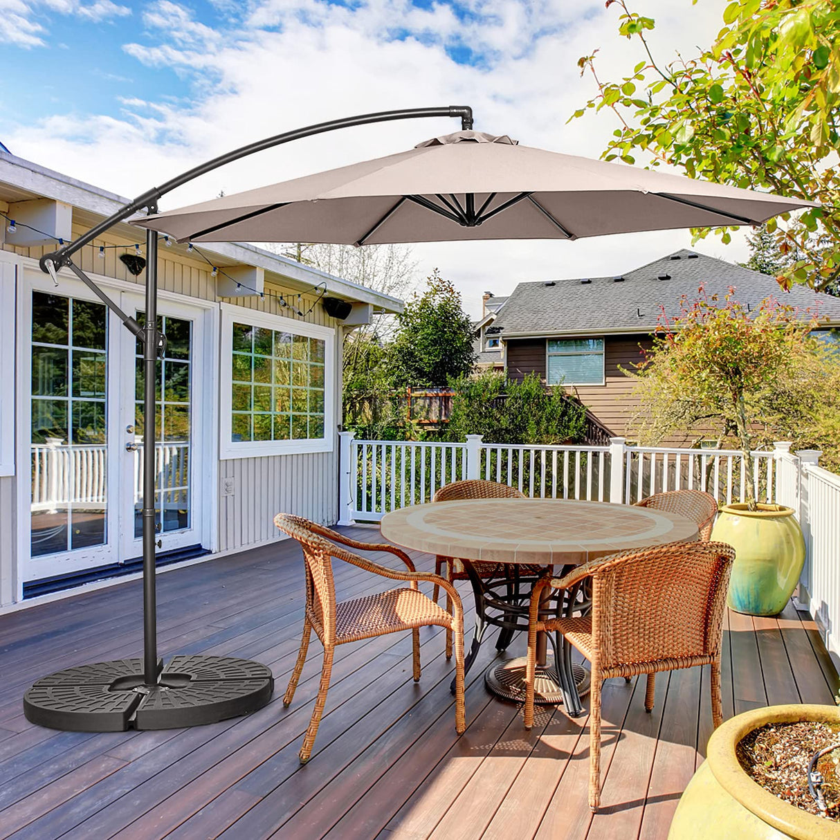 3M Patio Offset Umbrella w/8 Ribs, Cantilever Umbrella w/Cross Base and Crank, Backyard Offset Umbrella, Outdoor Hanging Umbrella for Garden, Poolside and Yard