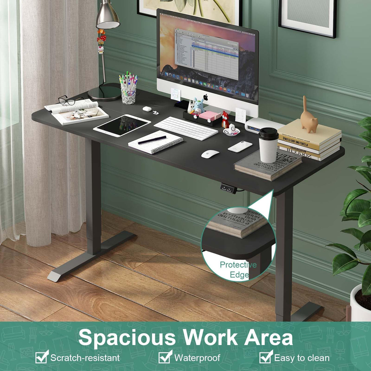 Standing Desk Electric Height Adjustable Sit Stand Desk 120 * 60cm Motorised Home Office Computer Workstation Black Desktop and Black Frame