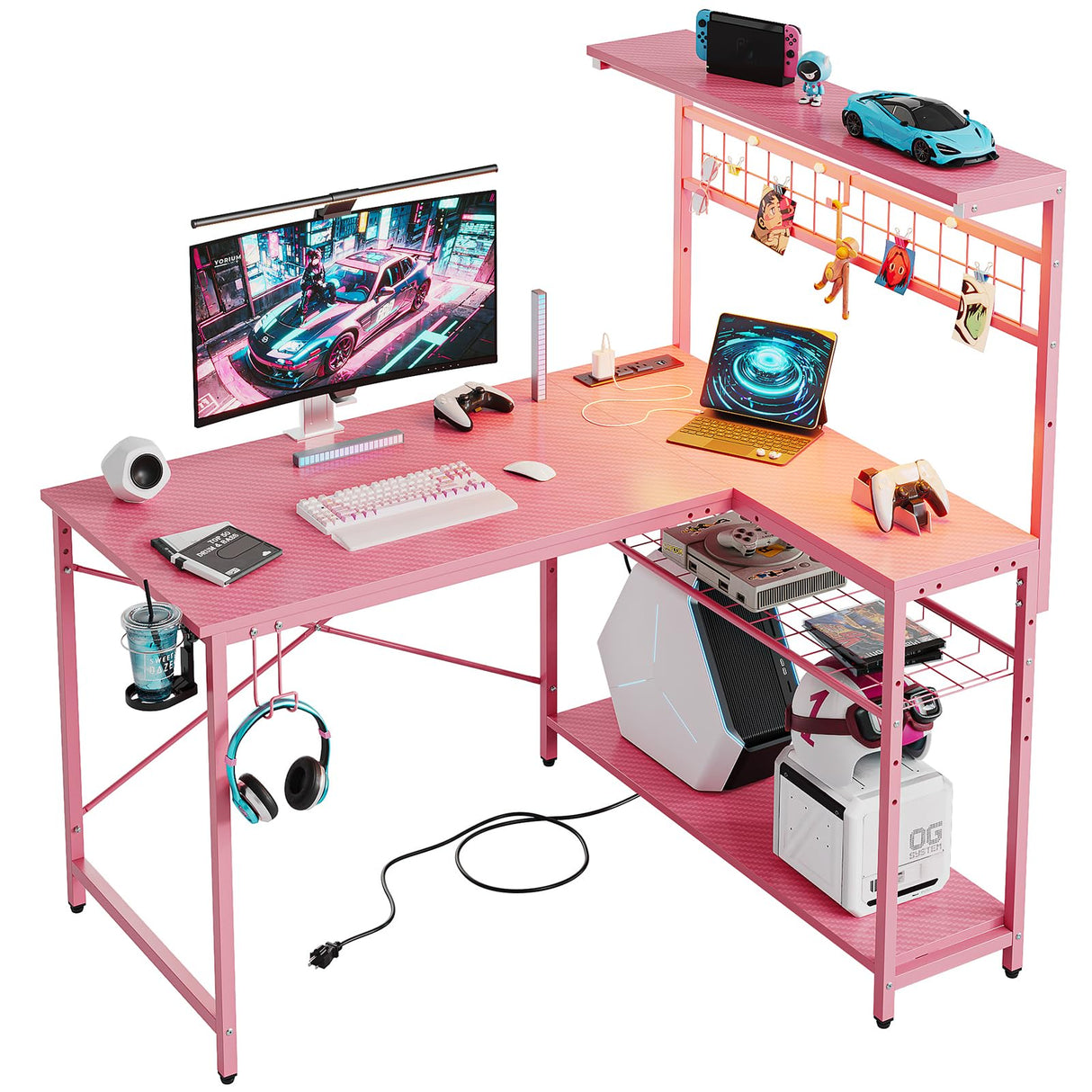 42 L Gaming Desk,Computer Desk with Power Outlets, LED Lights, Reversible Corner Desk with 4-Tier Shelves,Cup Holder & Hook Carbon Fiber Pink