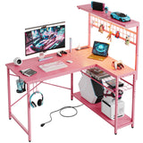 42 L Gaming Desk,Computer Desk with Power Outlets, LED Lights, Reversible Corner Desk with 4-Tier Shelves,Cup Holder & Hook Carbon Fiber Pink