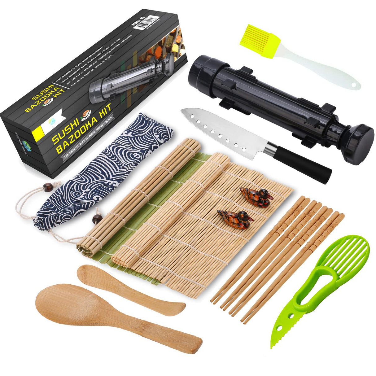 Sushi Making Kit, All in One Sushi Bazooka Maker with Bamboo Mats, Bamboo Chopsticks, Avocado Slicer, Paddle, Spreader, Sushi Knife, Chopsticks Holder, Cotton Bag, DIY Sushi Roller Machine