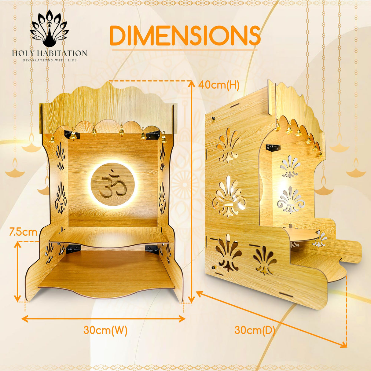 Wooden Pooja Temple for Home/Office – Elegant Pooja Mandir with Inbuilt Om Symbol LED Light & Storage – Beautiful Pooja Temple