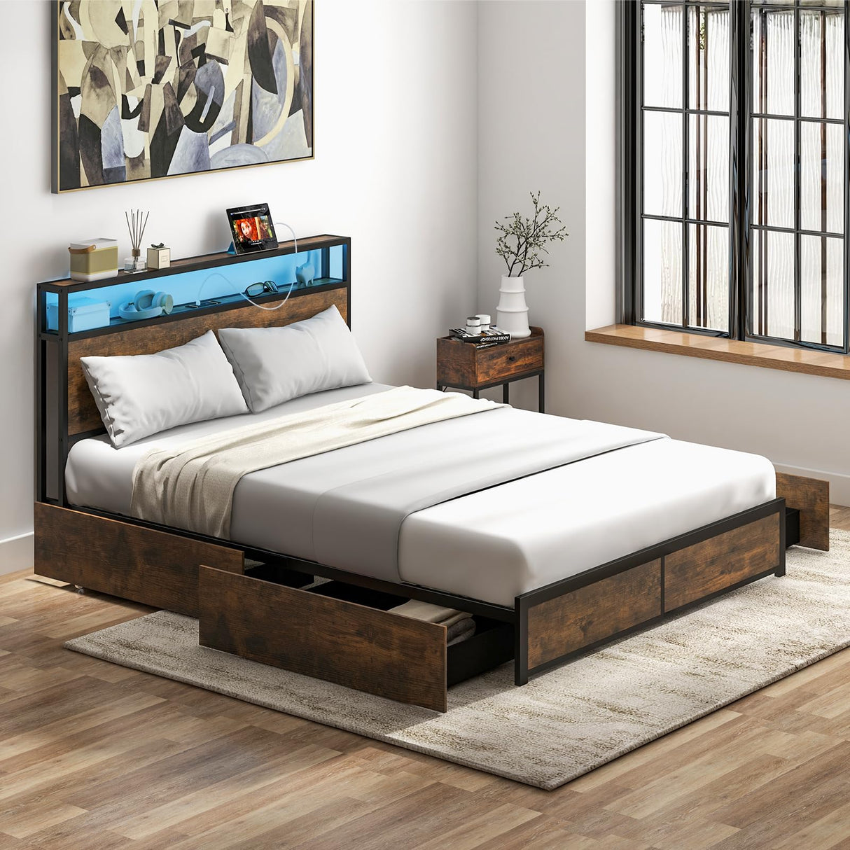 Queen Bed Frame with App Control RGB LED Lights, Metal Platform Bed with Storage Headboard, Charging Station & 4 Roll-Out Drawers, Noise-Free Mattress Foundation, No Box Spring Needed