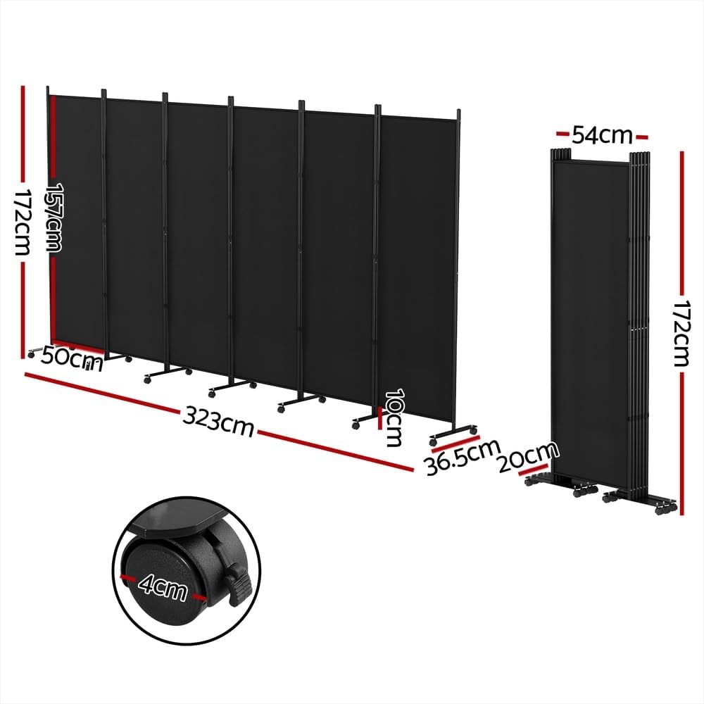 Room Divider Screen 6 Panel Partition Privacy Fold Fabric Wheels Large Black