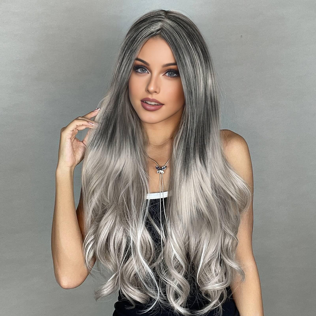 24 Inch Long Grey Wigs for Women Glueless Wavy Curly Wig Synthetic Hair Wig