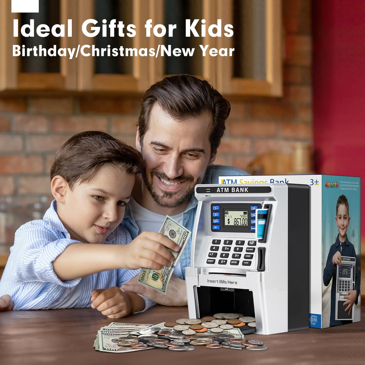 ATM Piggy Bank for Kids, ATM Machine for Real Money with Debit Card, Bill Feeder, Coin Recognition, Balance Calculator, Electronic Savings Safe Box, Gifts for Teen Boys Girls