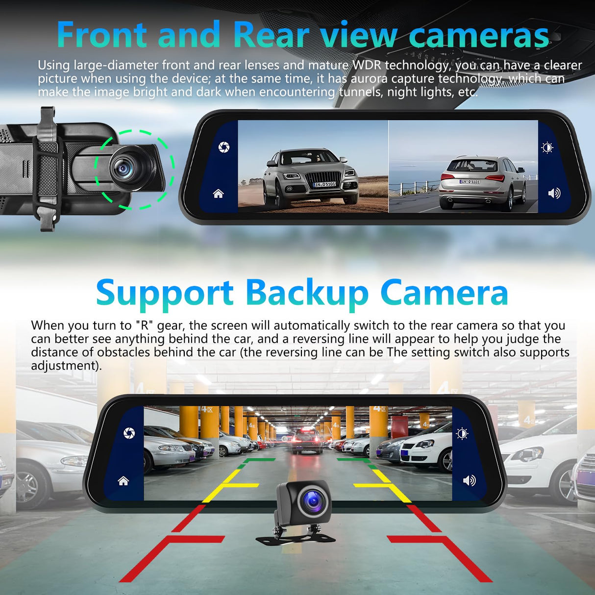 Mirror Dash Cam with Wireless Apple Carplay, Android Car with HD Rear View Camera, 9.66 Inch IPS Touchscreen Dual 1080P Rear View Mirror, Dash Cam Car, 2 Split Screens, Bluetooth