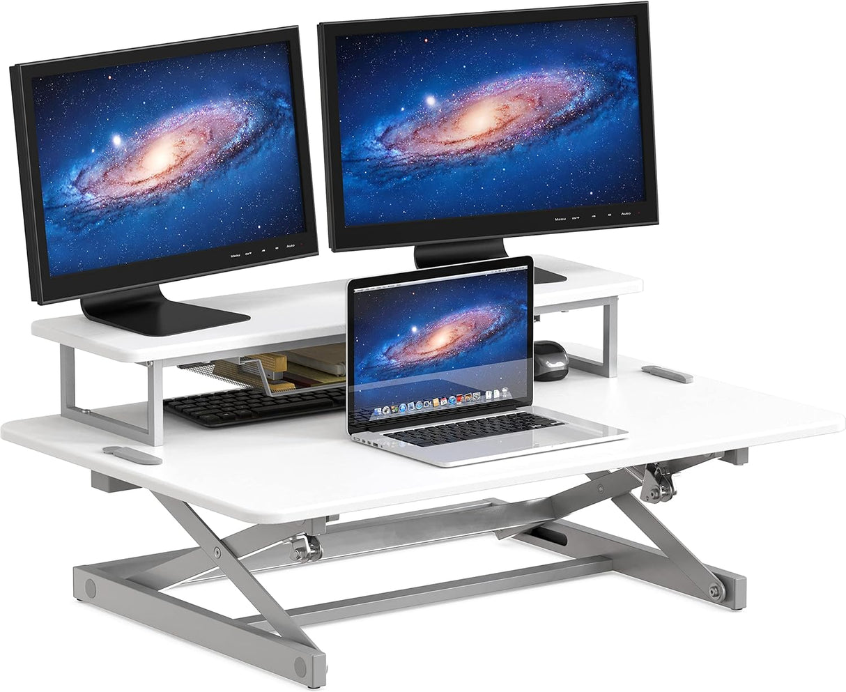 Height Adjustable Standing Desk Converter with Pneumatic Lift and Monitor Riser, 36-Inch, White