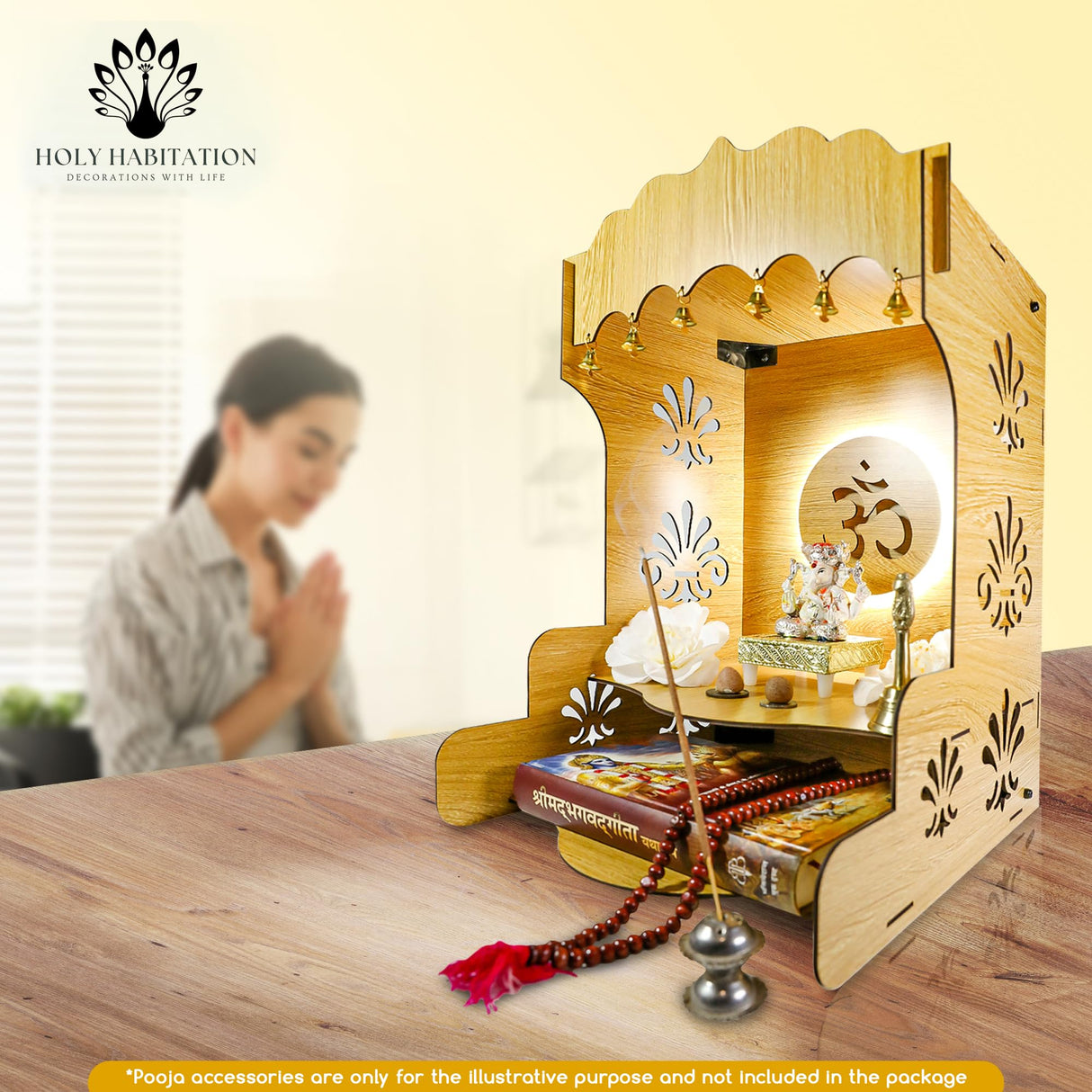 Wooden Pooja Temple for Home/Office – Elegant Pooja Mandir with Inbuilt Om Symbol LED Light & Storage – Beautiful Pooja Temple