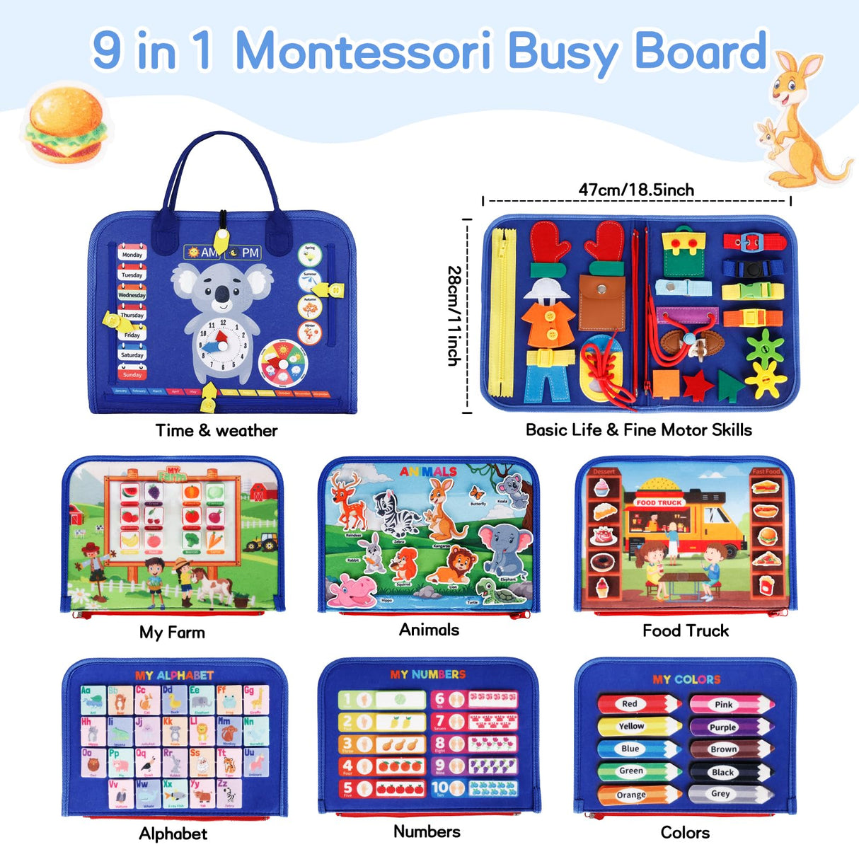 Busy Board, Montessori Toys for Toddlers, Toddler Sensory Toys Preschool Educational Busy Book Travel Toys for Toddlers 3 4 5 Year Old Girls Boys Plane Car Activities Baby Quiet Book (Blue)