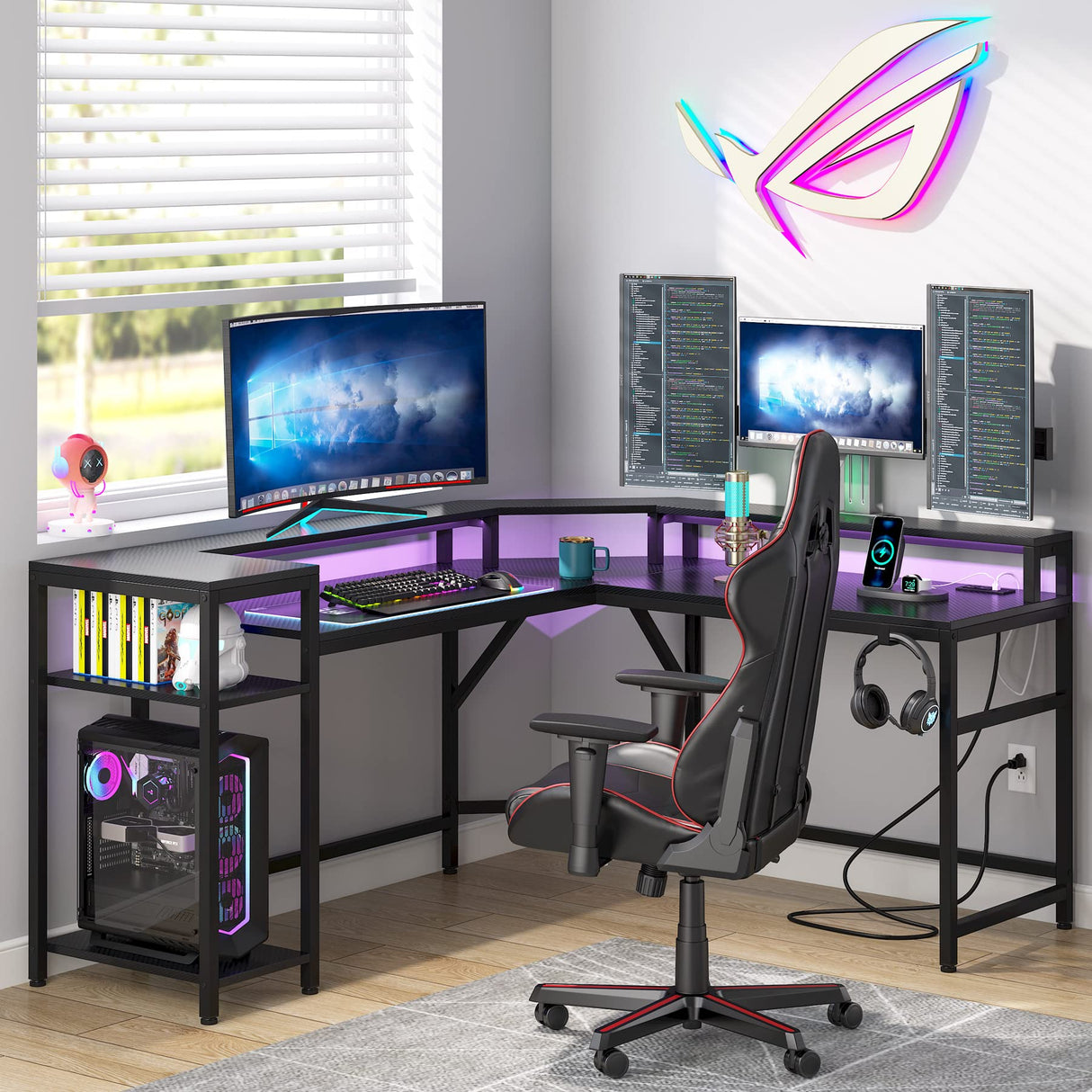 L-Shaped Gaming Desk with Power Outlets & LED Strips, L-Shaped Computer Desk with Storage Shelves, Corner Gaming Desk with Monitor Stand, Black Modern Writing Desk Home Office, Game Room