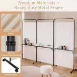 3-Panel Folding Room Divider, 188cm Rolling Privacy Screen w/ 3 Metal Shelves, Lockable Wheels, Portable Wall Divider Separator, Freestanding Privacy Protection for Living Room