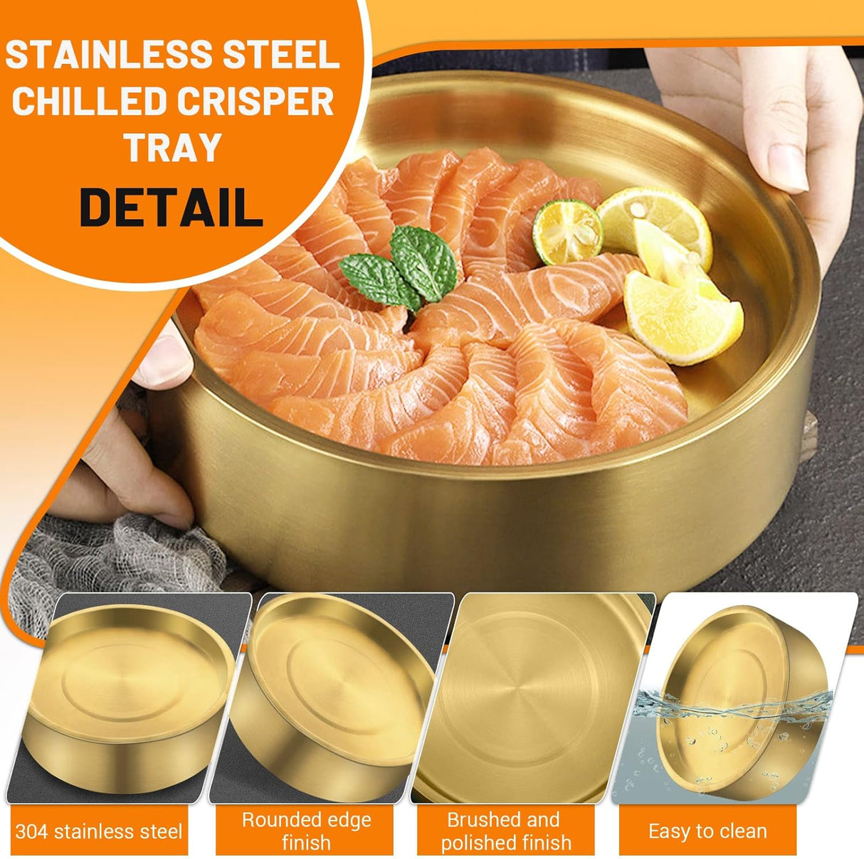 11in Gold Stainless Steel Ice Chilled Serving Trays, Appetizer Cold Serving Tray Platter with Ice, Iced Serving Tray for Parties, Cooling Shrimp Cocktail Serving Dish for Food Fruit (28cm)