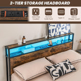 Queen Bed Frame with App Control RGB LED Lights, Metal Platform Bed with Storage Headboard, Charging Station & 4 Roll-Out Drawers, Noise-Free Mattress Foundation, No Box Spring Needed