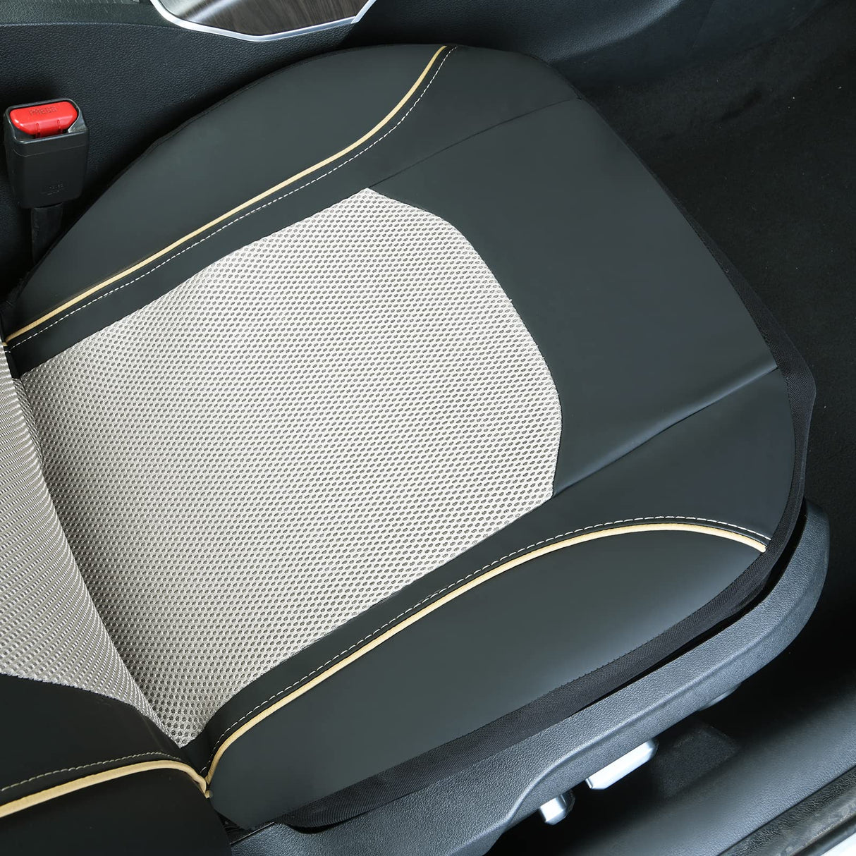 Universal Fit Leather with Spacer Mesh Full Set Car Seat Covers for Car Truck SUV,Airbag Compatible, Zipper Design (Black with Beige)