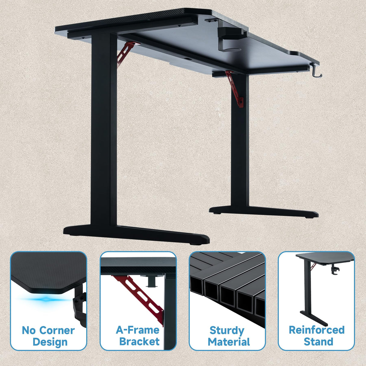 120 CM Gaming Desk Carbon Fiber Surface Gaming Desk Large Computer Desk Ergonomic Home Office Desk L Computer Gamer Workstation with Cup Holder and Headphone Hooks