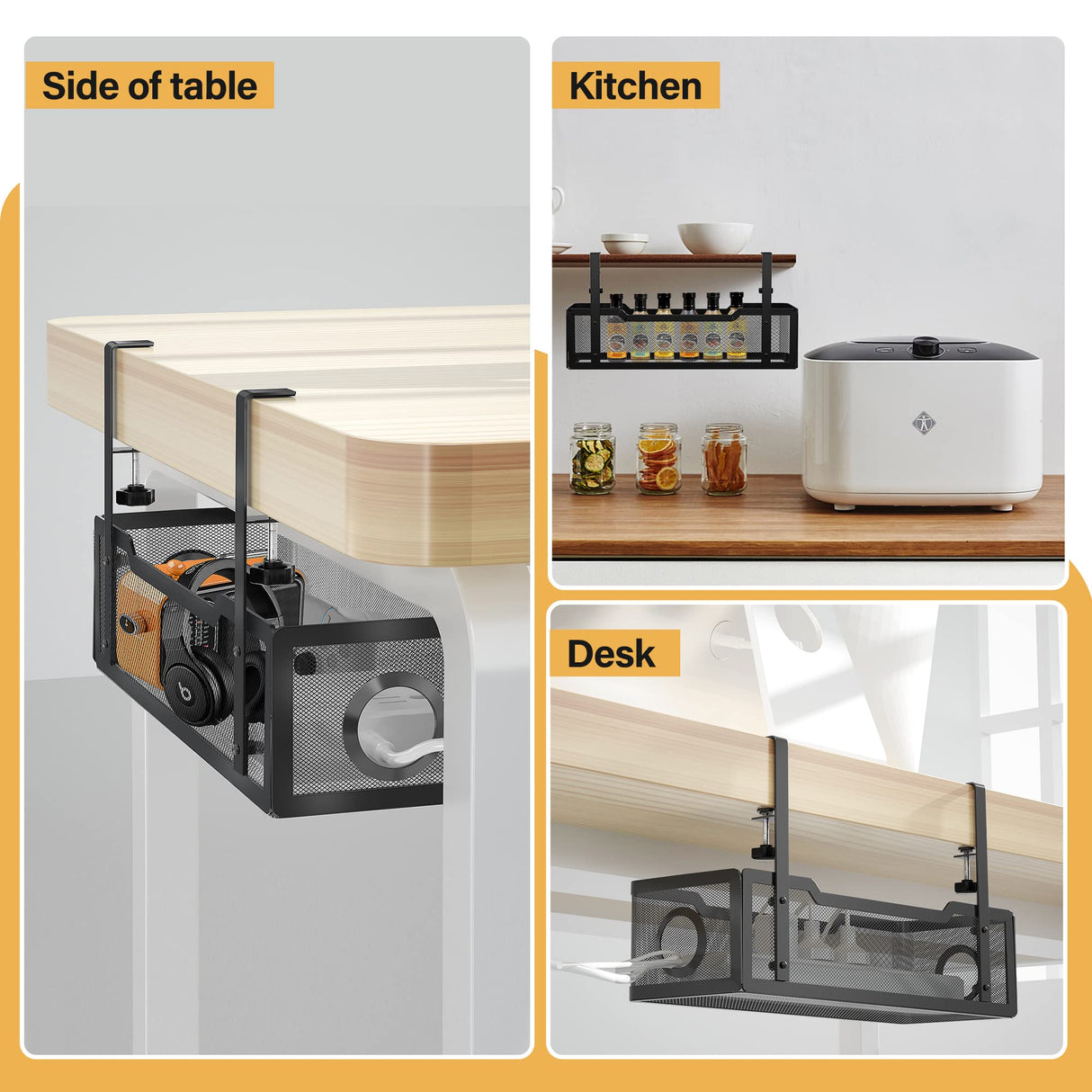 Under Desk Cable Management Tray Black, Cable Management Under Desk No Drill, 15.7Cable Tray with Clamp for Desk Wire Management,Desk Cable Management Box for Office, Home - No Damage to Desk