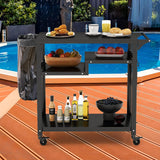 Outdoor Dining Cart Table, Pizza Oven Table, 3-Shelf Movable BBQ Cart with 4 Lockable Wheels, Hooks, Side Handle, Multifunctional Kitchen Food Prep Worktable, Portable Dining Cart BBQ Trolley