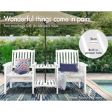 Outdoor Loveseat & Table Set Durable Fir Wood Twin Integrated Armchairs,Wooden Garden Bench Furniture Set with Solid Construction Double-Deck Coffee Table White Colour