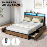 Queen Bed Frame with App Control RGB LED Lights, Metal Platform Bed with Storage Headboard, Charging Station & 4 Roll-Out Drawers, Noise-Free Mattress Foundation, No Box Spring Needed