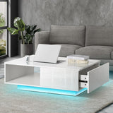 Coffee Table LED Lights High Gloss Storage Drawer Living Room White