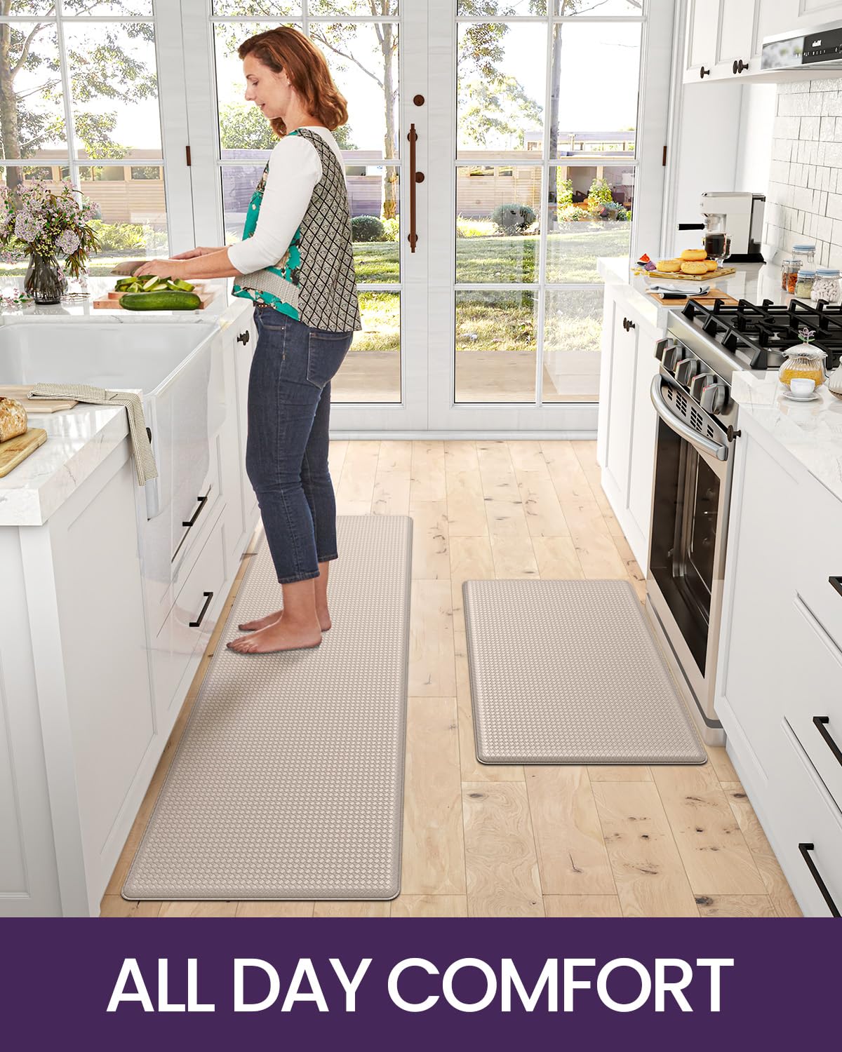 2PCS Kitchen Rugs and Mats Cushioned Anti Fatigue Comfort Mat Non Slip Standing Rug 2 Pieces Set 17"x29"+17"x59",Beige White