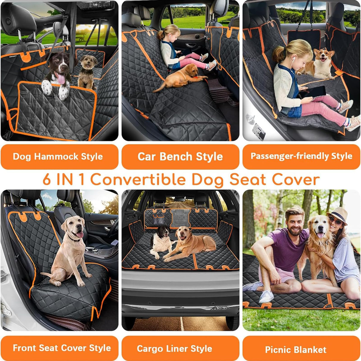 6 in 1 Split Dog Car Seat Cover for Back Seat, 100% Waterproof Dog Car Hammock with Mesh Visual Window and Storage Pocket, Back Seat Protector for Cars, Trucks, SUVs (Orange, 6 in 1)