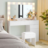 Dressing Table Stool Set with Large Make up Mirror 12 LED Bulbs Vanity Desk with 4 Storage Drawers and 1 Cabinet for Women Girls Kids Wooden Home Bedroom Furniture White