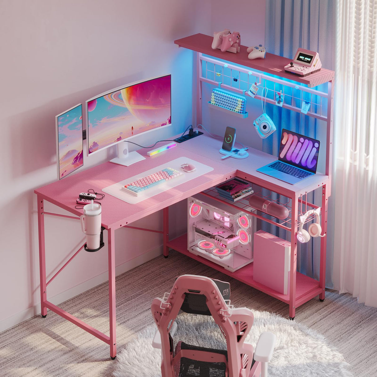 42 L Gaming Desk,Computer Desk with Power Outlets, LED Lights, Reversible Corner Desk with 4-Tier Shelves,Cup Holder & Hook Carbon Fiber Pink