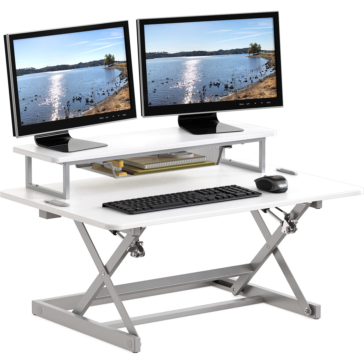 Standing Desk Converter 90cm Pneumatic Height Adjustable with Monitor Riser, White