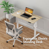 Electric Standing Desk, Height Adjustable Ergonomic Sit Stand Desks with Hanging Hooks and Cable Management, 100 x 55 cm Whole Piece Desktop, for Small Space, White Frame+Oak Desktop