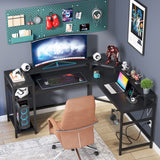 L-Shaped Gaming Desk with Power Outlets & LED Strips, L-Shaped Computer Desk with Storage Shelves, Corner Gaming Desk with Monitor Stand, Black Modern Writing Desk Home Office, Game Room