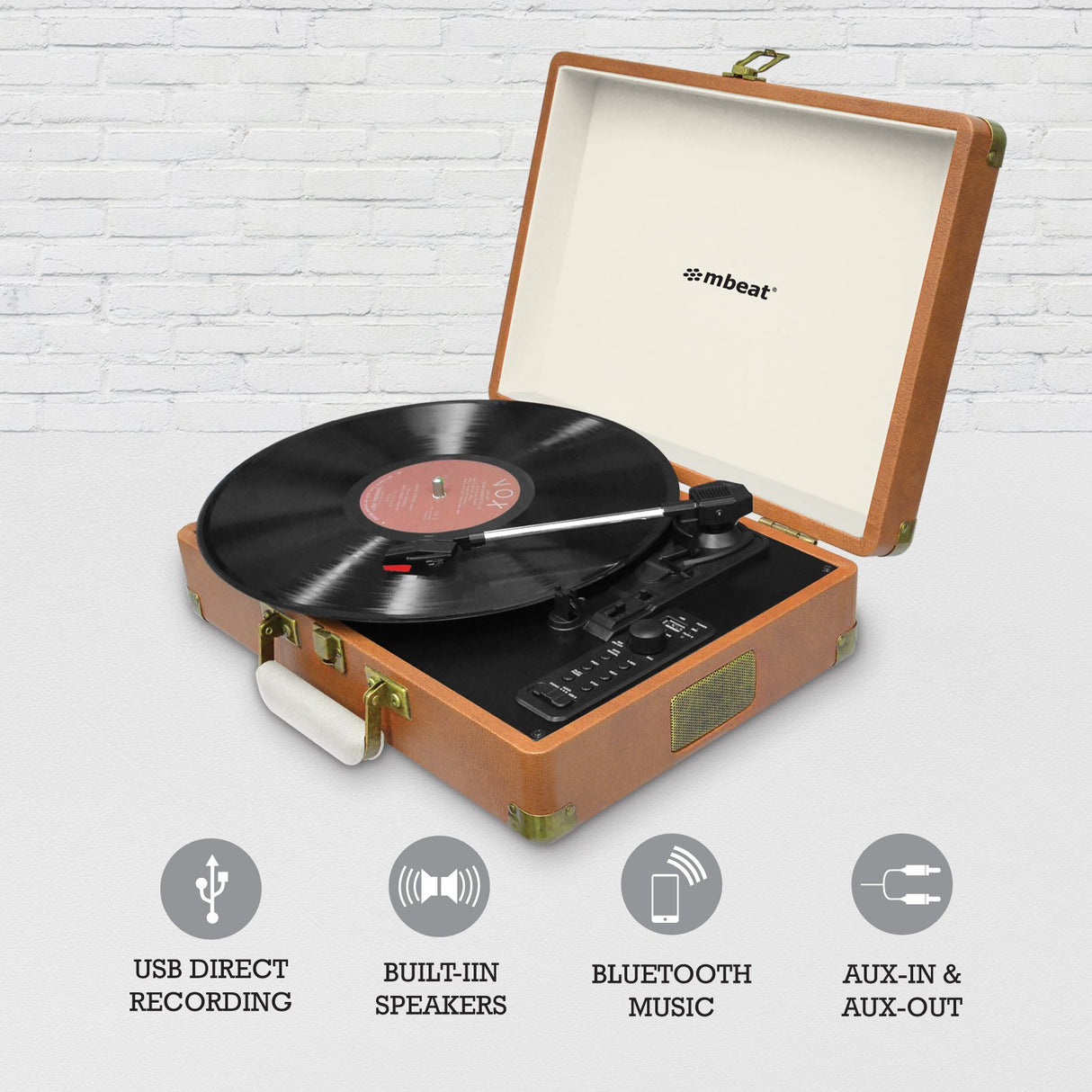 Aria Retro Turntable Player Bluetooth & USB Recording with Built-in Twin Speakers Brown