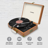 Aria Retro Turntable Player Bluetooth & USB Recording with Built-in Twin Speakers Brown