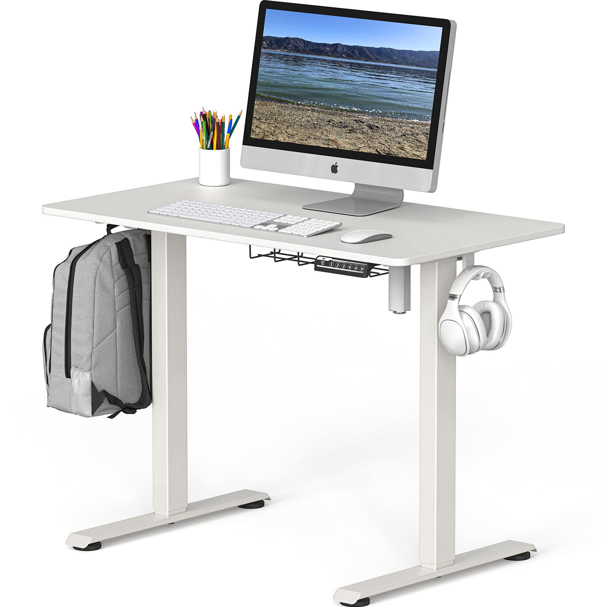 Electric Height Adjustable Sit Stand Desk with Hanging Hooks and Cable Management, 100 x 55 cm