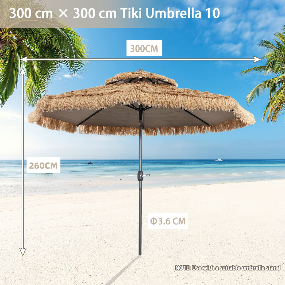 Thatched Tiki Umbrella, Hawaiian Style Patio Beach Umbrella W/8 Ribs, Tilt Adjustment Manual Crank System, Outdoor Umbrella for Poolside, Beach, Courtyard, Metal Frame