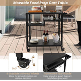 Outdoor Dining Cart Table, Pizza Oven Table, 3-Shelf Movable BBQ Cart with 4 Lockable Wheels, Hooks, Side Handle, Multifunctional Kitchen Food Prep Worktable, Portable Dining Cart BBQ Trolley