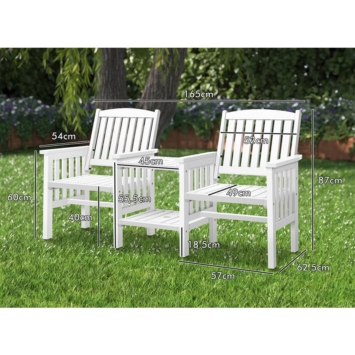 Outdoor Loveseat & Table Set Durable Fir Wood Twin Integrated Armchairs,Wooden Garden Bench Furniture Set with Solid Construction Double-Deck Coffee Table White Colour