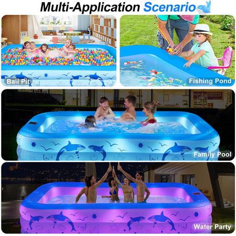 Inflatable Pool with Lights, 270cm Giant Family Inflatable Swimming Pool for Kids,Adults, Blowup Pool Solar Powered,Large Kiddle Pool,Oversized Thickened Pool for Backyard-Blue