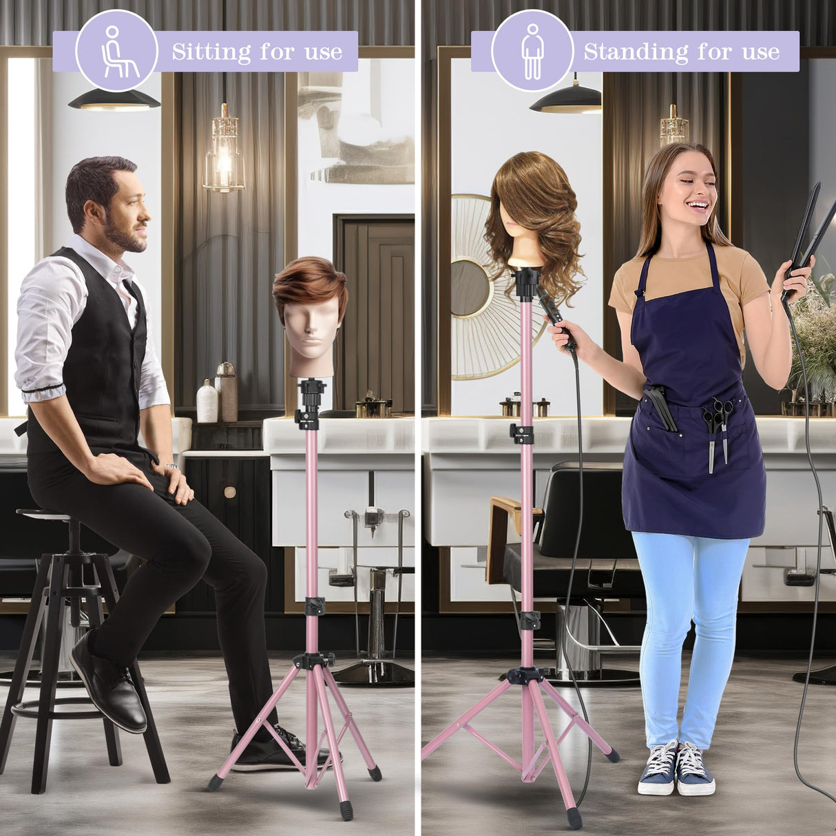 Adjustable Wig Stand Tripod, Mannequin Stand for Wig Tripod Stand, Mannequin Head Stand for Cosmetology Hairdressing Training, Pink (Mannequin Head Not Included)