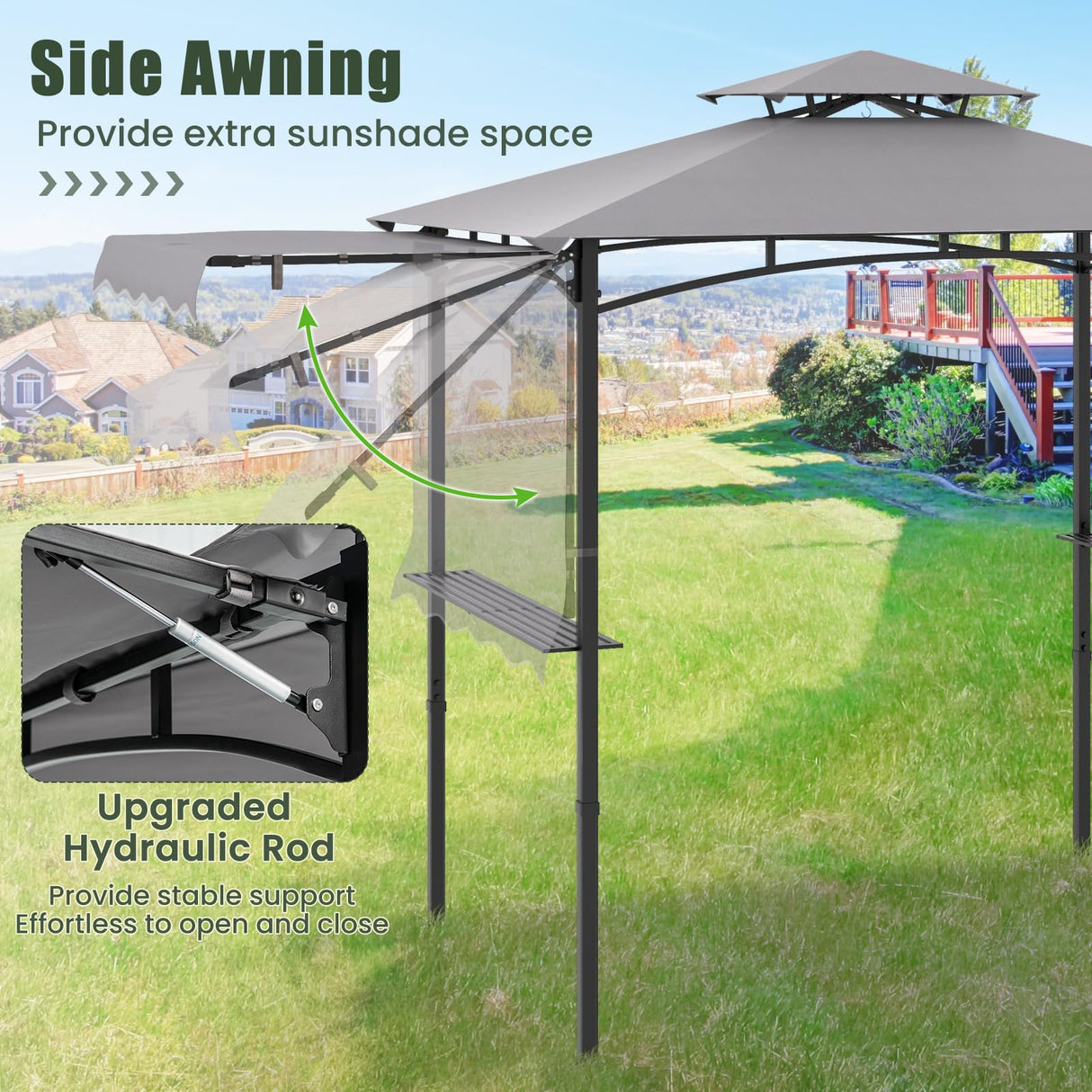 Grill Gazebo with Side Awning, 318 cm x 153 cm Outdoor BBQ Gazebo w/ 2 Side Shelves, Hanging Hooks & Bottle Opener, Double-Tiered Barbecue Canopy for Backyard, Patio, Garden, Deck