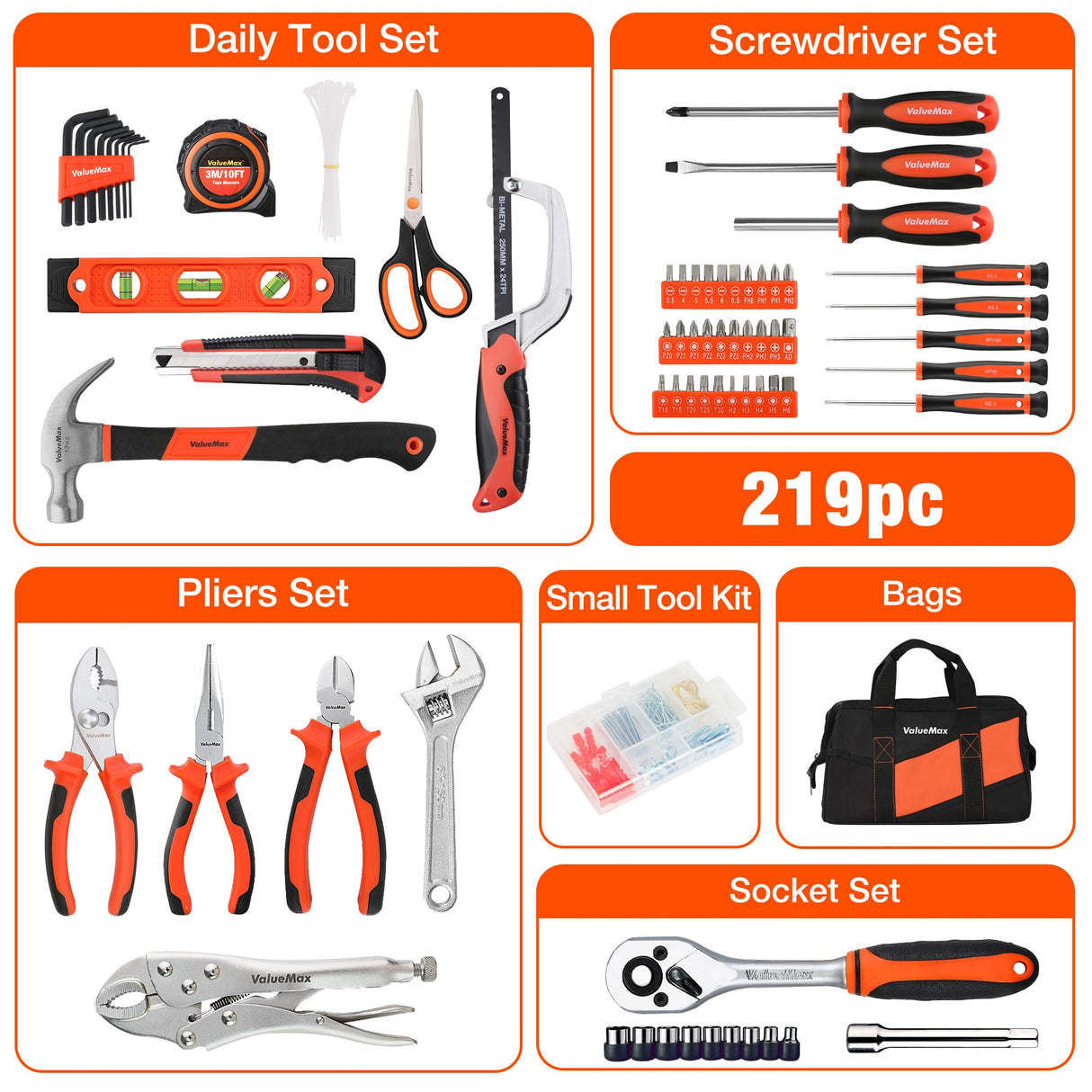 Home Tool Set, 219-Piece Basic Household Repairing Tool Kit With 13-Inch Large Opening Tool Bag, Orange General Hand Tools Set, Great Gifts for Homeowner Beginners DIY