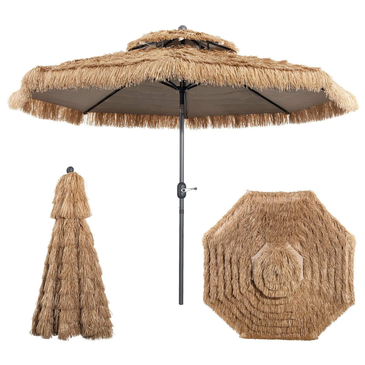 Thatched Tiki Umbrella, Hawaiian Style Patio Beach Umbrella W/8 Ribs, Tilt Adjustment Manual Crank System, Outdoor Umbrella for Poolside, Beach, Courtyard, Metal Frame