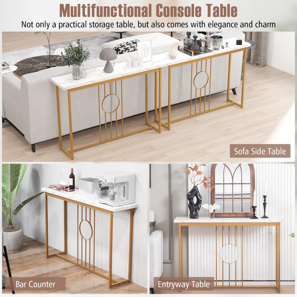 120cm Entryway Table Faux Marble Top Console Table w/Gold Finished Frame Modern Long Sofa Side Table w/Heavy-duty Metal Frame Narrow Accent Display Table for Living Room Hallway Entryway