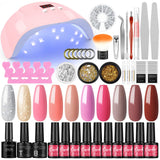 Gel Nail Polish Kit with U V Light Starter Kit 10pcs Gel Polishes Set Summer Fall Colors 36W Led Lamp Soak Off Base Top Coat Glitter Nail Rhinestones Professional Gel Manicure Kit Gift Pink