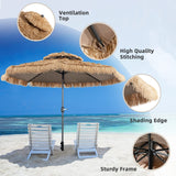 Thatched Tiki Umbrella, Hawaiian Style Patio Beach Umbrella W/8 Ribs, Tilt Adjustment Manual Crank System, Outdoor Umbrella for Poolside, Beach, Courtyard, Metal Frame